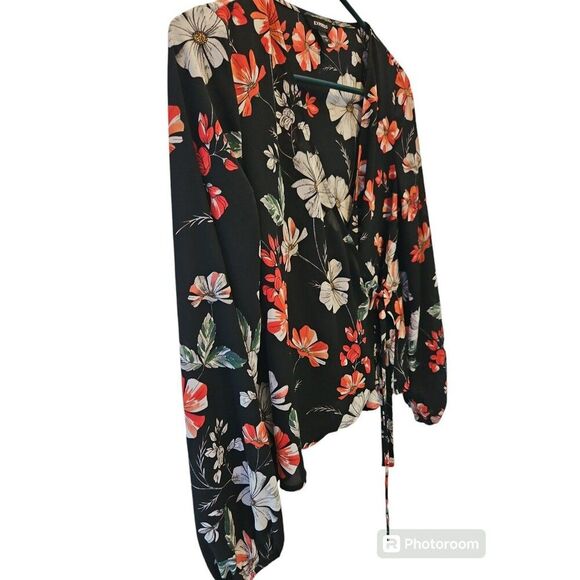 Express Floral Wrap Top Long Sleeves V-Neck Black Sz S - Picture 2 of 7